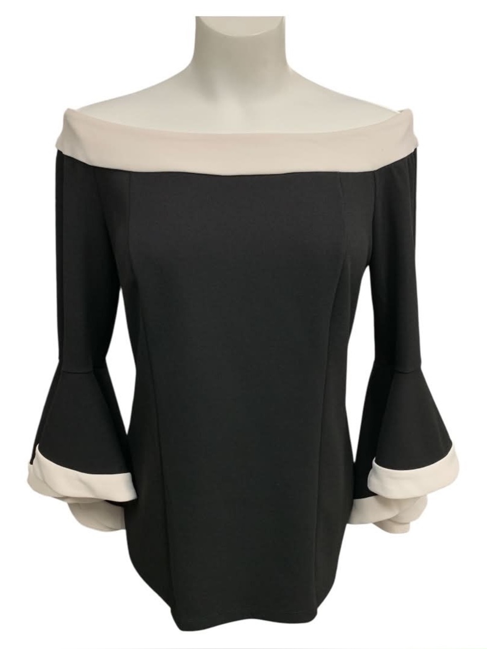 Prelude Off-Shoulder Black Dress with Cream Trim and Bell Sleeves Size S
